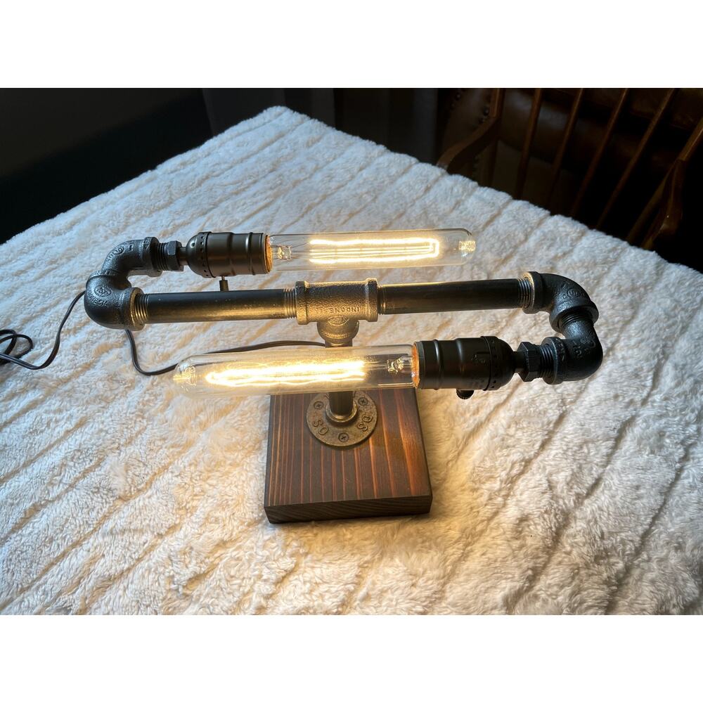 Industrial Steampunk Wall Sconce – Black Iron Pipe & Wood Wall Lamp Edison Bulbs